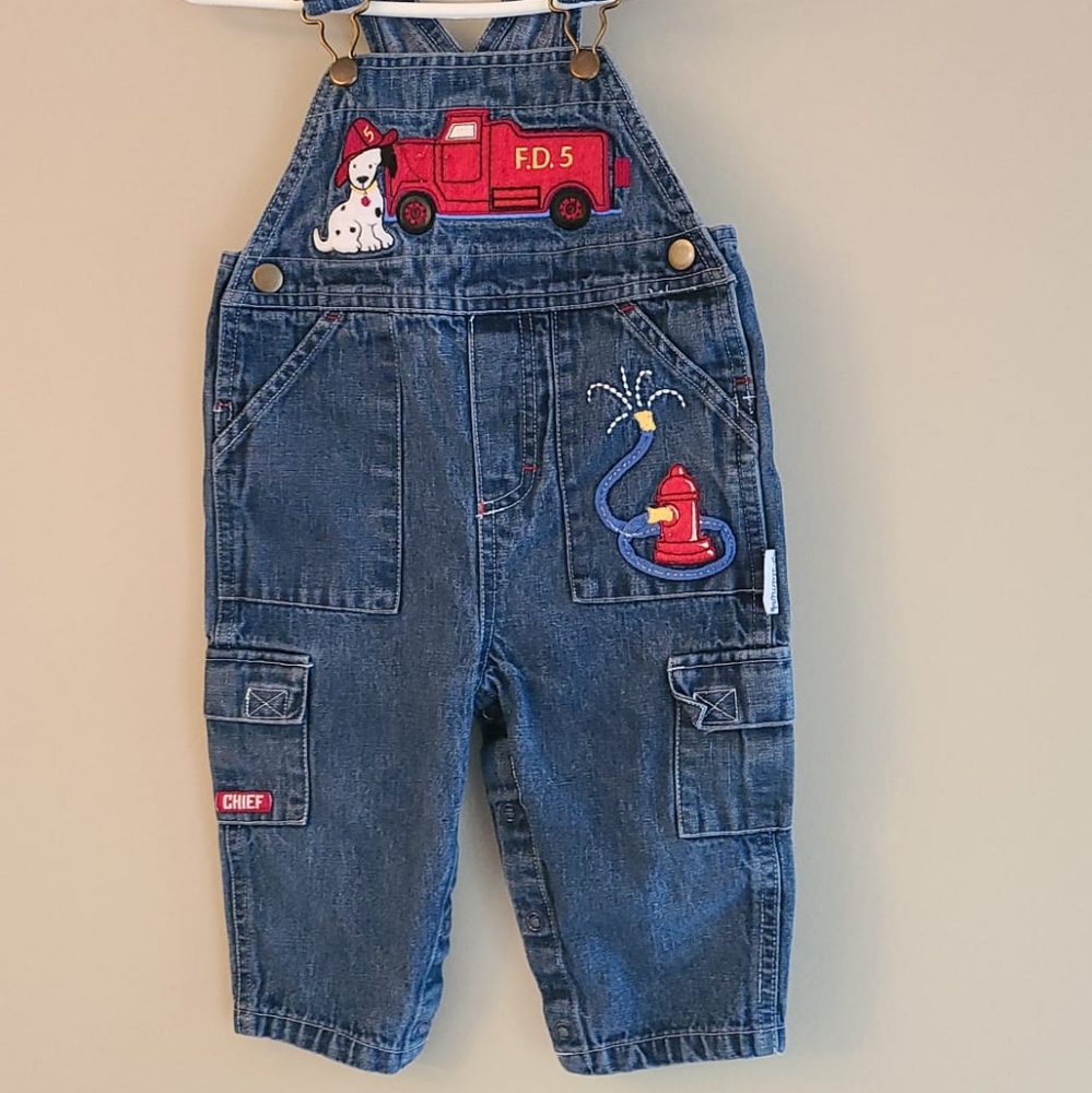 Denim overalls with firefighter dog embroidery